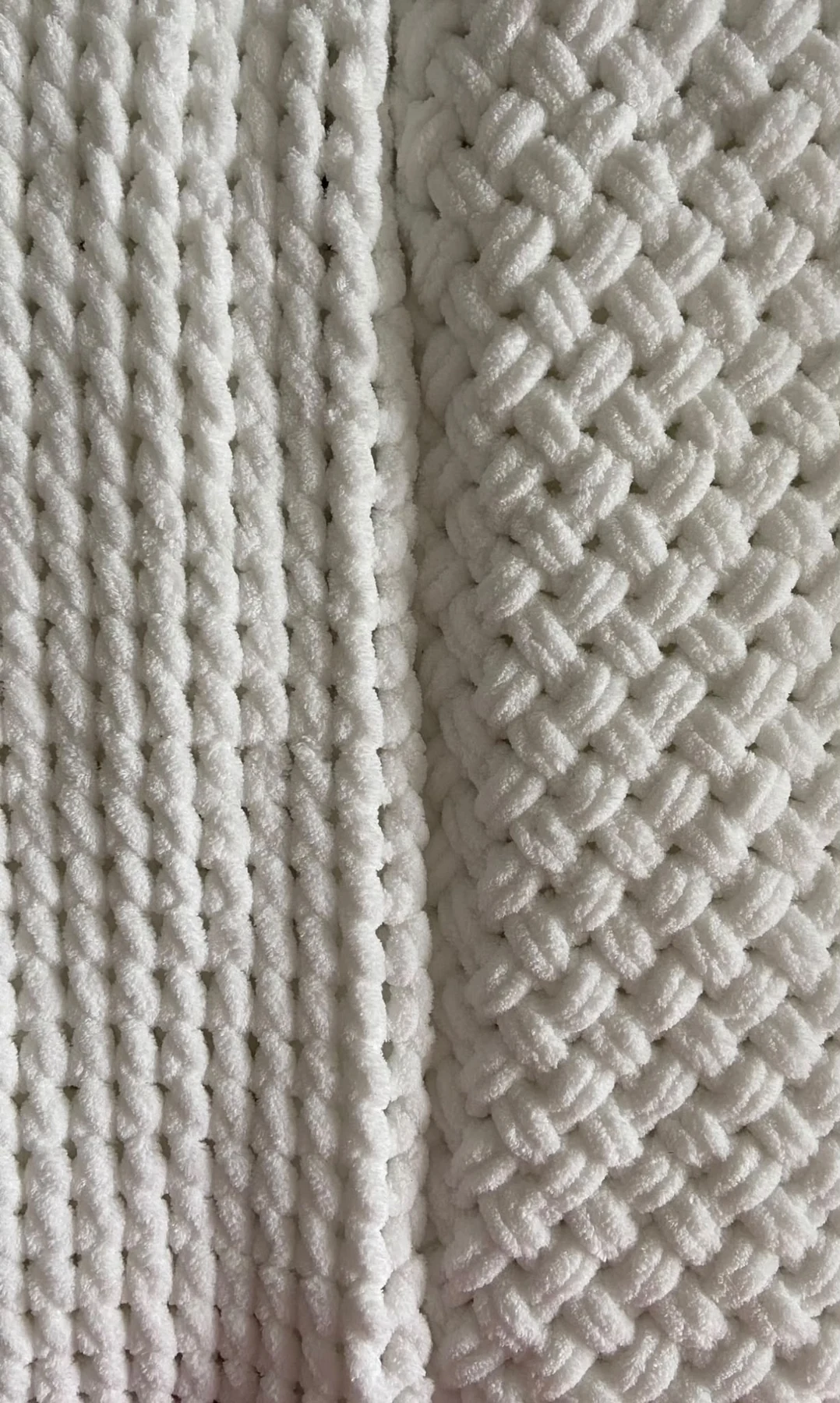 Close view comparing two white chunky knitting patterns